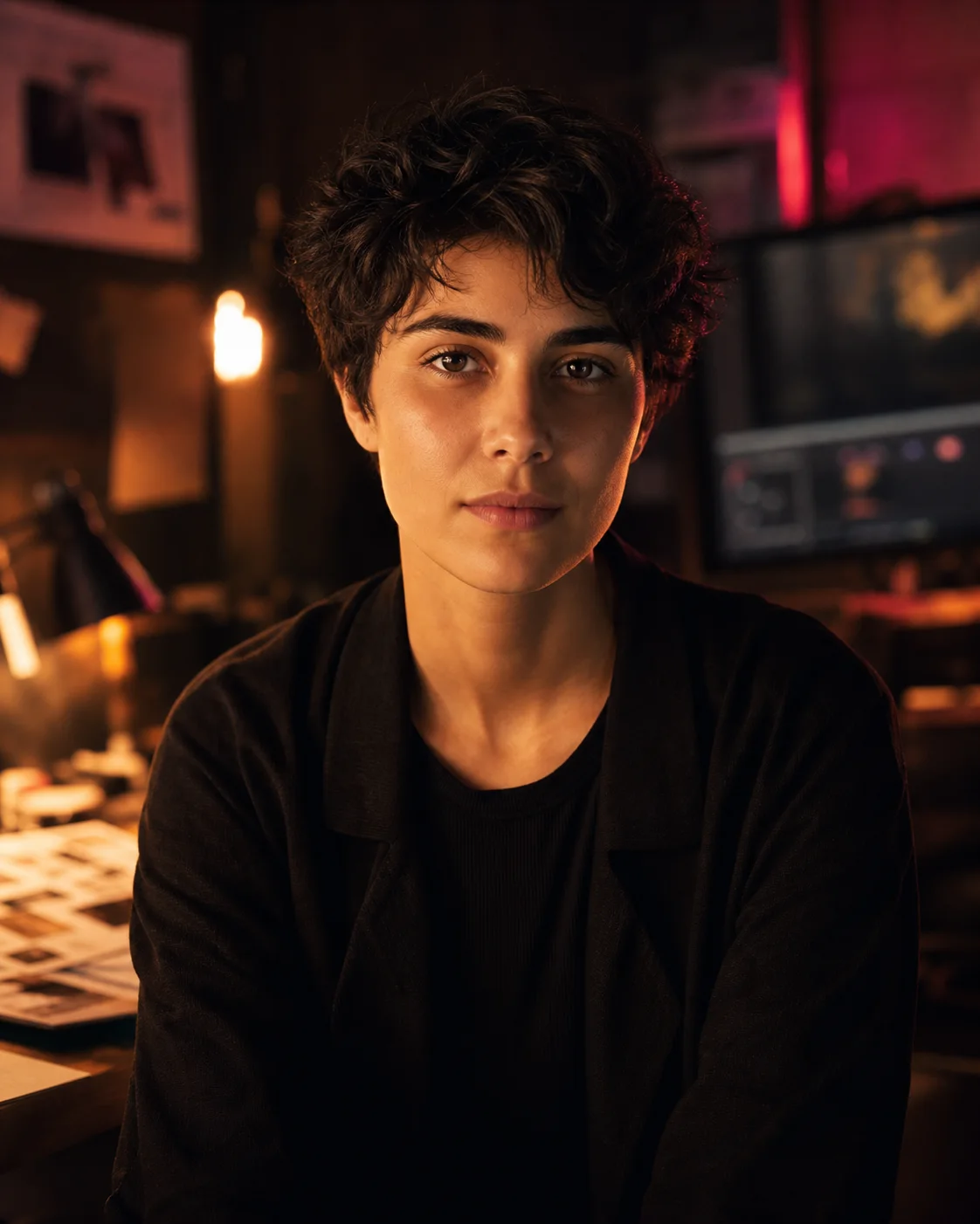 Fictional young androgynous portrait of Kreto as a human creative executive producer in a warm production environment